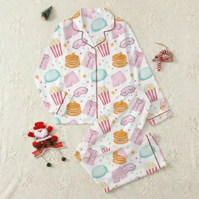 Pajama Party Enthusiasts' Whimsical Watercolor Pancakes Pajamas Sleepover Art with Pink Stripes, Lavender Pillows, Gold Stars Satin Pajamas Set