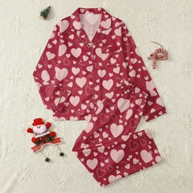 Girls' Vibrant Red Playful Pastel Pink Heart Scattered Pattern with White Script Lines Satin Pajamas Set