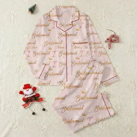 Bridesmaids' Light Blush Pink Metallic Gold Calligraphy 'Bridesmaid' 'Maid of Honor' Golden Crown Rose T Monogram Pattern Satin Pajamas Set