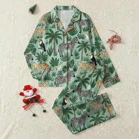 Nature Lovers' Light Mint Green Tropical Jungle Leopard Zebra Toucan Cockatoo Hand-Drawn Block Print Art Satin Pajamas Set