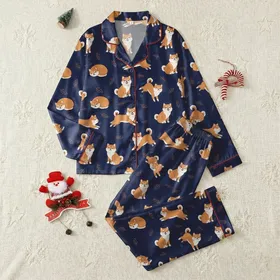 Dog Lovers' Playful Shiba Inu Navy Blue Orange Brown Vector Leaf Pattern Satin Pajamas Set
