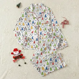 Family Whimsical Festive Gnome Panda Seamless Pattern with Red Blue Green Yellow Orange Elements on White Satin Pajamas Set