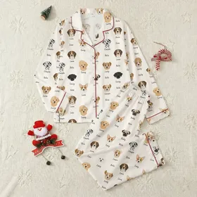 Dog Lovers' Off-White Illustrative Golden Retriever Beagle Corgi Pattern with Custom Dog Names Satin Pajamas Set