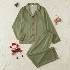Kids' Muted Olive Green Cream Split Minimalist Botanical Line Art Pattern Satin Pajamas Set