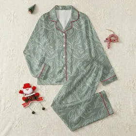 Bridal Party Muted Sage Green Crisp White Minimalist Botanical Line Art Pattern Satin Pajamas Set