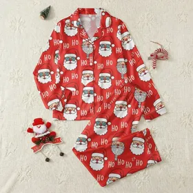 Christmas Enthusiasts Whimsical Santa Heads Winking Zzz Ho Ho Ho Red White Black Pattern Satin Pajamas Set