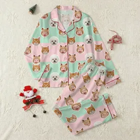 Personalized Gift Seekers' Pastel Mint Pink Sticker Pattern with Smiling Baby Faces, Bichon Frise Dogs, & Ginger Cats Satin Pajamas Set