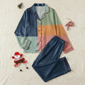 Unisex Subtle Japanese Geometric Interlocking Circles Hexagons Tone-on-Tone Pattern Satin Pajamas Set