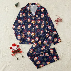 Family & Pet Lovers' Deep Navy Festive Repeat with Santa Hat Human & Golden Retriever Faces, Gold Snowflakes & Red HO HO HO Accents Satin Pajamas Set