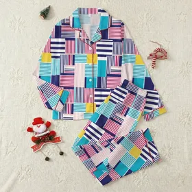 Dog Lovers' Playful Abstract Geometric Pattern with Navy, Fuchsia, Cyan, Yellow & White Stripes Satin Pajamas Set