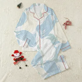 Bridesmaid Elegant Sky Blue Creamy Beige Feather-Like Leaf Flowing Line Art Satin Pajamas Set