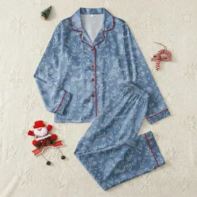 Women's Dusty Blue Minimalist Botanical Line Art Pattern with White Script Typography Satin Pajamas Set