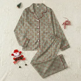 Kids' Gentle Minimalist Sepia Brown Teddy Bears Dusty Sage Green All-Over Design Satin Pajamas Set