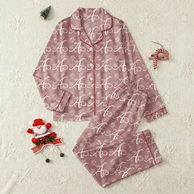 Women's & Girls' Celebratory Elegant Script Initial Rose Line Art Pattern Dusty Pink White Black Satin Pajamas Set
