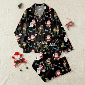 Festive Families' Whimsical Black Christmas Lights, Playful Santa, & Elf All-Over Pattern with Multi-Color Bulbs Satin Pajamas Set