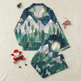 Kids' Whimsical Folk Art Midnight Blue Teal Mountain Forest Wolves Moon Stars Pattern Satin Pajamas Set