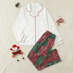 Family's Classic Crimson Green White Gold Outline Christmas Snowflakes Pine Reindeer Holly Pattern Satin Pajamas Set
