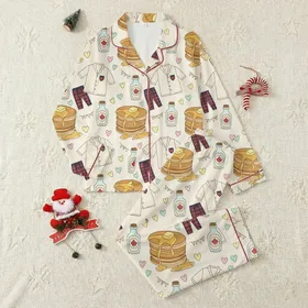 Children's Whimsical Pancakes & Pajamas Golden Brown Syrup Bottles Plaid Pastel Pink Blue Heart Pattern Satin Pajamas Set