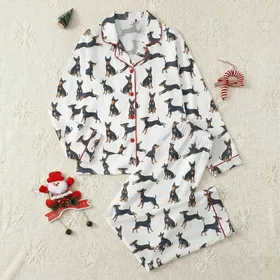 Women's Illustrative Charcoal Black & Tan Miniature Pinscher Dog Repeating Pattern Satin Pajamas Set