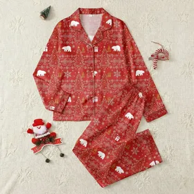 Families' Vibrant Christmas Red Nordic Pattern with White Graphic Trees, Gold Stars, Snowflakes & Whimsical Polar Bears Satin Pajamas Set