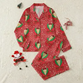 Festive Partygoers' Kitsch Red Snowflake Faux Tuxedo Suit Green Lapels Golden Chain Design Satin Pajamas Set