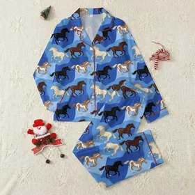 Children's Realistic Galloping Wild Horses Pattern Chestnut Tan Indigo Blue Sky Satin Pajamas Set