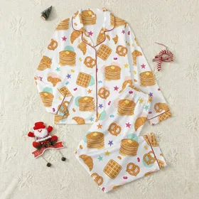 Sweet Treat Fun Lovers' Playful Scattered Golden Pancakes Waffles Croissants Pretzels & Colorful Jelly Beans with Stars & Watercolor Splotches on White Satin Pajamas Set