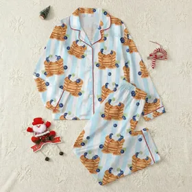 Pancake Lovers' Whimsical Watercolor Stacked Pancakes, Whipped Cream, Blueberries, Caramel, Mint & Pastel Blue Stripes Satin Pajamas Set