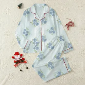 Grandmas' Dusty Blue Rose & Pale Sage Leaf Watercolor Floral Keepsake Art Design Satin Pajamas Set