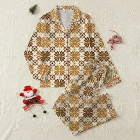Boho Mid-Century Modern Enthusiasts' Warm Tan Sepia Brown Geometric Floral Folk Art Pattern with Aged Cream Background Satin Pajamas Set