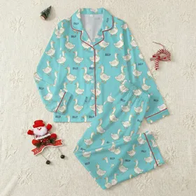 Kids' & Parents' Whimsical Aqua Goose Pattern with Pastel Green Polka Dot Party Hats & 'SILLY' Text Satin Pajamas Set