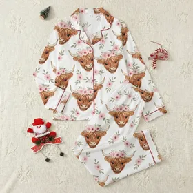 Boho Decor Lovers' Whimsical Watercolor Highland Cow & Pink Floral Botanical Tapestry Satin Pajamas Set