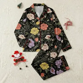 Cottagecore Enthusiasts' Vintage Dark Botanical Floral Art, Muted Peach Coral Lilac Blooms, Olive Green Foliage on Black Satin Pajamas Set