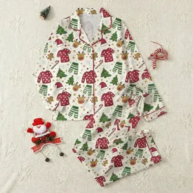 Whimsical Holiday Pajama Pattern with Reindeer, Gingerbread, Santa Hats in Crimson, Green, Gold Hues Satin Pajamas Set