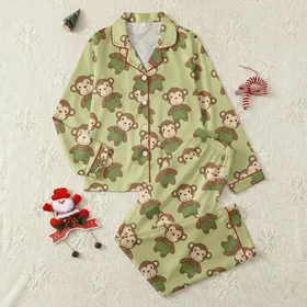 Animal Lovers' Whimsical Olive Green Crocheted Monkey Seamless Pattern with Warm Brown Cream Details Satin Pajamas Set