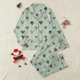 Pet Lovers' Mint Green Scattered Happy Dog Faces Photo Pattern with Personalized Grey Script Names Satin Pajamas Set
