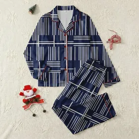 Preppy Style Women's & Teen's Dark Indigo Blue Off-White Minimalist Geometric Pinstripe Grid Pattern Satin Pajamas Set
