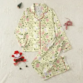 Educators' Pastel Yellow Delicate Lilac & Olive Floral Pattern with Student Sayings Text Satin Pajamas Set