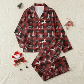 Festive Celebrators' Red Black Buffalo Plaid Vintage Christmas Motifs Distressed Merry Christmas Script Satin Pajamas Set