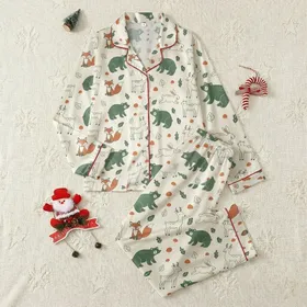 Little Ones' Adorable Woodland Forest Animals Cream Green Orange Hand-Drawn Pattern Satin Pajamas Set