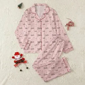 Women's Delicate Light Pink Bella Script Repeating Pattern with Subtle Black Hearts Satin Pajamas Set