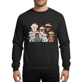 Diverse Dog Breeds Santa Hats Colorful String Lights Christmas Family Holiday Sweatshirt