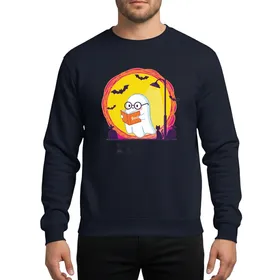 Booooks Funny Ghost Reading Orange Book Halloween Teacher Library Full Moon Bat & Cat Scene Sweatshirt