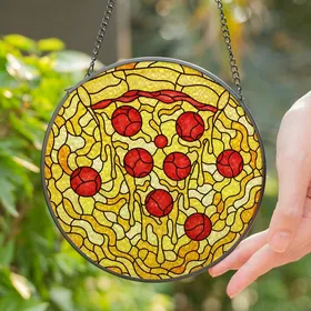 Pizza Lovers' Vibrant Stained Glass Pepperoni Pizza Art with Melted Cheese & Golden Crust Mosaic Stained Glass Suncatcher