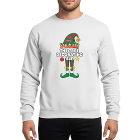 Whimsical Tree Decorating Elf Family Group Golden Bell & Striped Shoes Christmas Sweatshirt