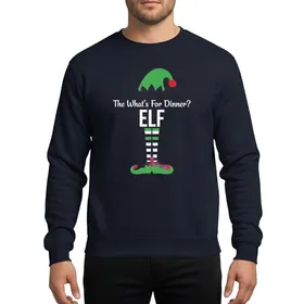 Christmas Whimsical Elf 'What's For Dinner?' Green Hat Red Stripes Family Holiday Character Sweatshirt