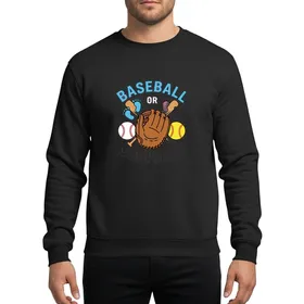 Baseball OR Softball Gender Reveal Party Design: Bats, Glove, Blue Pink Footprints Sweatshirt