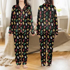 Funny 67 Meme Christmas Pajama Set | Whimsical Red Green Gold Number All-Over Print Loungewear Satin Pajamas Set
