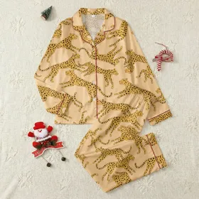 Elegant Women's Autumn Winter Pajama Set - Stylized Golden Yellow Ochre Leopard Print, Champagne Beige Satin Pajamas Set