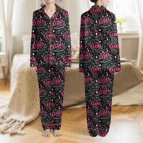 Women's Funny Black Stretchy Lounge Dress | Bold KARMA Pattern, Pink Accents & Stylized Western Motifs Satin Pajamas Set